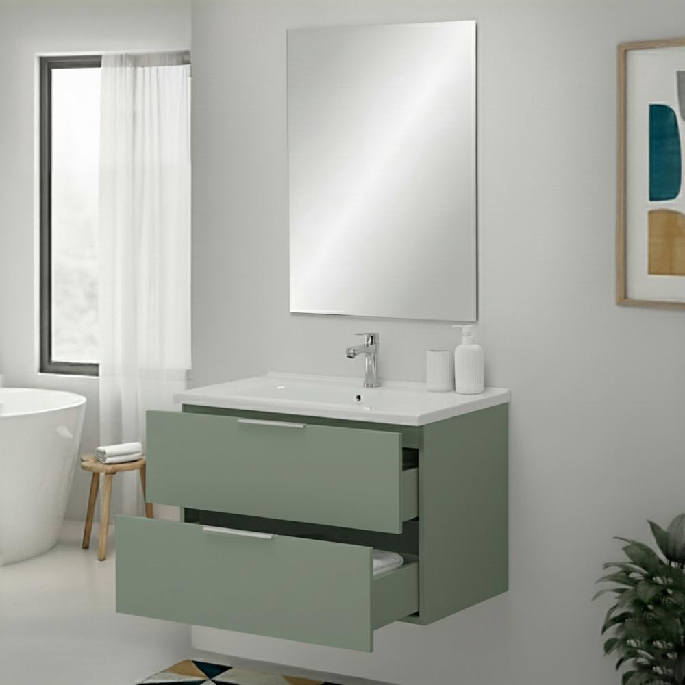 Inbagno Mobile Bagno Sospeso 80 Cm Verde Opaco Con 2 Cassetti Soft-Close Lavabo In Ceramica E Specchio Rettangolare – Linea Elva