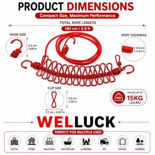 Image of WELLUCK 1 Pc Elastic Clothes Drying Rope with Hooks & 12 Clips | Portable Hanging Clothesline for Travel, Home, Balcony & Outdoor Use | Kapde Sukhane Ki Rassi Wire | Strong Stretchable