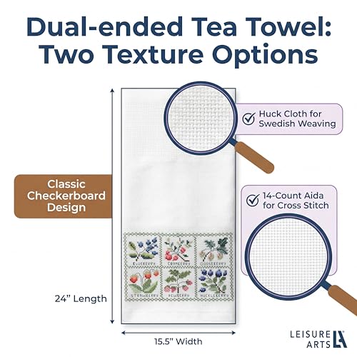 Image of LEISURE ARTS Dual Ended Huck and Aida Tea Towel Cross Stitch Kit, Berry Sampler, Cotton Towel, with Swedish Weave and Cross Stitch Panels