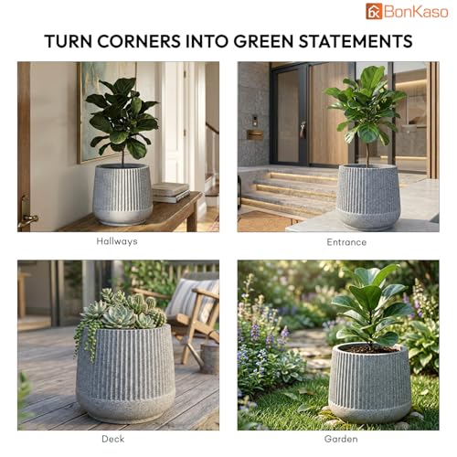 Image of BonKaso 12 Inch Audi Plant Pot for Indoor & Outdoor Use | Heavy Duty Durable Polymer Flower Pot Gamla | Lightweight Modern Planter for Living Room, Balcony, Terrace & Office Decor (Light Grey)