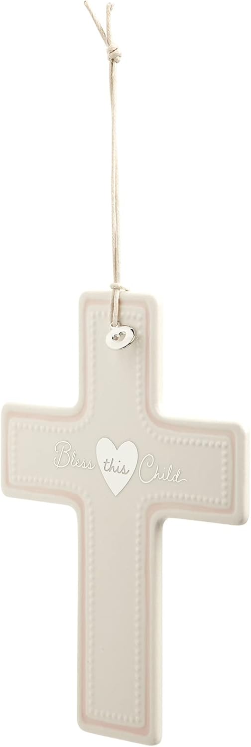 DEMDACO Bless This Child Pink 7.5 x 5.5 Inch Ceramic Stoneware Hanging Wall Cross
