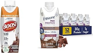 Boost Very High Calorie Chocolate Nutritional Drink 530 Calorie (Pack of 24) and Ensure Max Protein Milk Chocolate Nutrition Shake 30g Protein (Pack of 12)
