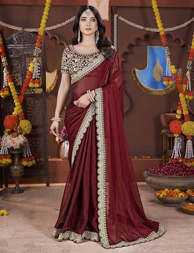 Image of DHARMEE Women's Elegant Designer Sarees Premium Rangoli Fabric with Embellished Border, Lightweight and Stylish Ethnic Wear - Perfect for Parties, Weddings, and Festive Occasions..