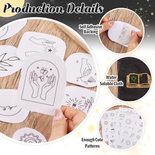 Image of 52 Pcs Water Soluble Embroidery Patterns Sun Crescent Moon Witchy Hand Patterns Stick and Stitch Transfer Embroidery Paper for Adult Beginners Hand Sewing Starter Kit