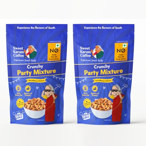 Image of SWEET KARAM COFFEE Crunchy Party Mixture Pack of 2 (95G each)|No Palm Oil or Preservatives|Spicy,Traditional Navadhanya Namkeen|Crispy Tea-Time Snack|Perfect For Gifting & Festive Celebrations