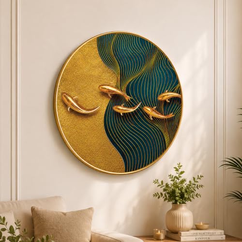 Image of PAINTINGMANTRA vastu koi Fish Wall Art Painting for Living Room, Teal Waves & 3D Effect Swimming Fish Round Shape Framed Wall Painting for Home Decor, Bedroom, Hall & Office, 16 Inch