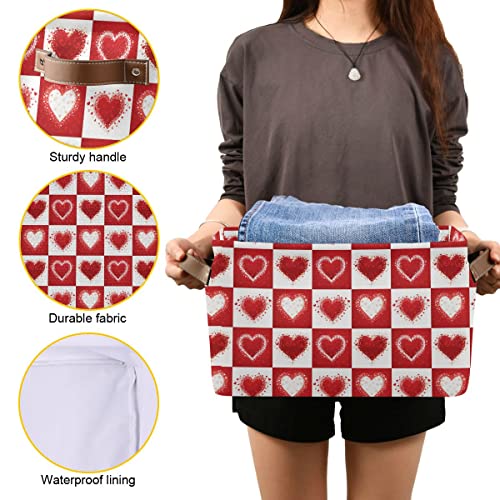 Image of Happy Valentine's Day Love Heart Storage Basket Fabric Laundry Baskets Red White Buffalo Plaid Storage Boxes Organizer Bag for Baby Cloth Dog Toy Book Storage Cubes Shelf Closet Bins 16x12x8 Inches