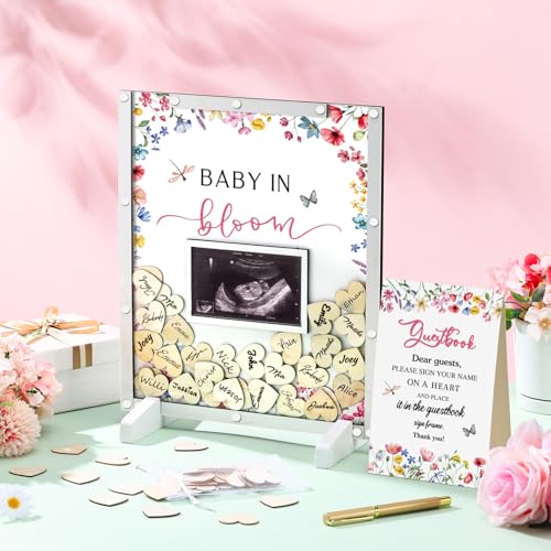 Image of Beeveer 65 Pcs Wildflower Baby Shower Guest Book Alternatives Baby in Bloom Shower Decorations Sign in Guest Book with Picture Frame and 60 Wooden Chip