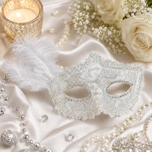 Image of Wanna Party White Glitter Masquerade Eye Mask with Feather | Elegant Costume Party Accessory for Halloween, Carnival, Theme Party & Celebration Events | Lightweight Fancy Dress Mask