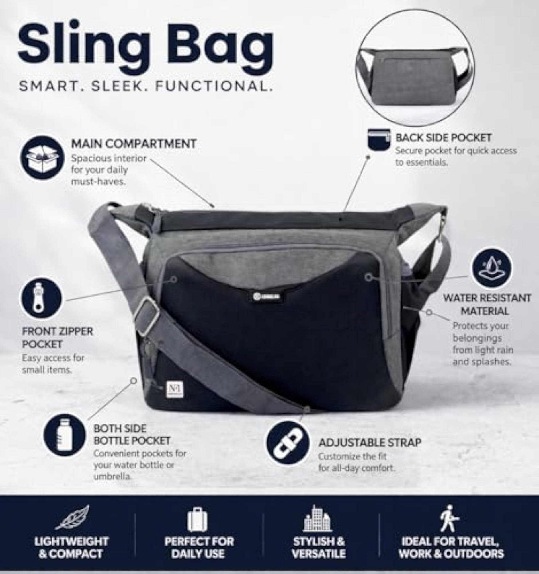 Sling Cross Body Bag for Travel & Business, Adjustable Strap