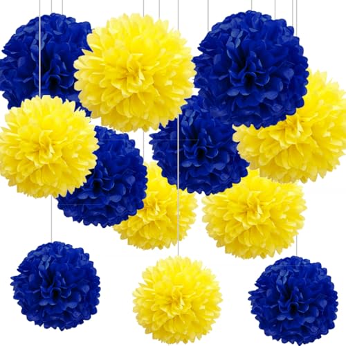 CC wonderland zone Lot de 12 Pompons Papier de Soie Jaune et Bleu pour Décoration Suspendre de Plafond de Fête,Decoration Table Bapteme,Decoration Mariage...