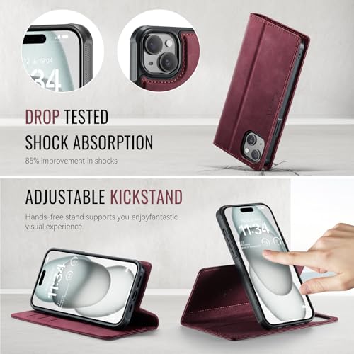 Image of Wallet Case for iPhone 13 Compatible with Magsafe, 2-in-1 PU Leather Flip RFID Blocking Card Holder Stand Shockproof Magnetic Detachable Case for iPhone 13 Case 6.1 inch, Burgundy