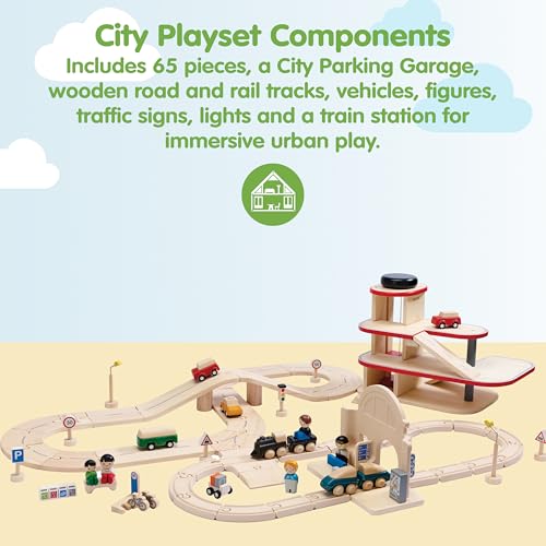Image of PlanToys Wooden City Transit Rail & Road Playset Montessori Kids Building | wooden train, toy cars, tracks, girls, boys, transport systems, imaginative problem solving gift preschool learning cute