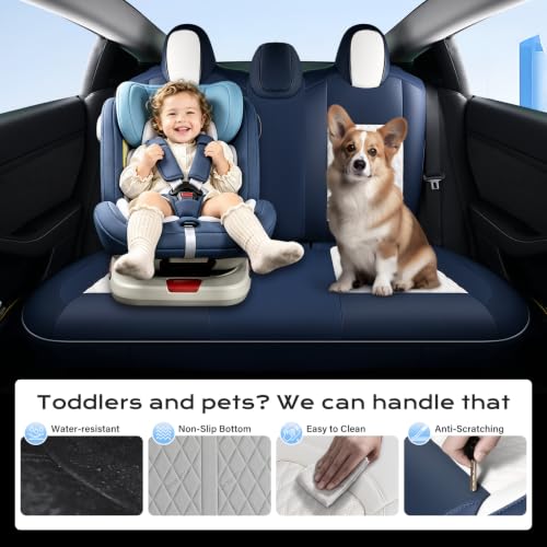 Image of Coverado Car Seat Covers for Tesla Model 3, Full Set 5 Seater, Leatherette Car Seat Covers Front Seats and Rear Back Custom for Tesla Model 3 2024-2025 New BlueWhite