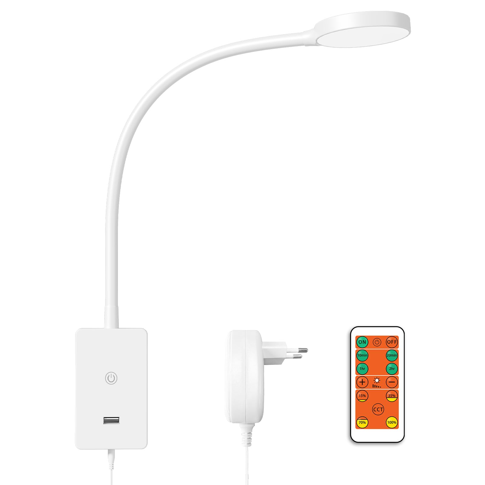 ENUOTEK Lámpara de Lectura Regulable para Montaje en Pared, Apliques Pared Dormitorio 3000K 4000K 5000K, Aplique de Cuello de Cisne con Mando a Distancia, Luz de Lectura para con Puerto USB de 2A