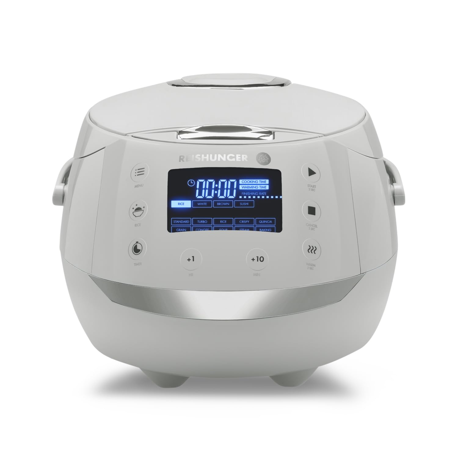 REISHUNGER Olla Arrocera Eléctrica y Vaporera – 1,5 L – Gris | hasta 8 personas – Temporizador y recipiente interior Premium – Olla multifunción, 12 programas, tecnología de 7 fases