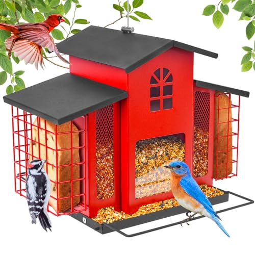 Large Bird Feeders for Outdoors Hanging,Metal Bird Feeder with Double Suet Cage Cake,Sturdy & Weatherproof,Easy to Clean & Refill,4.6Lbs Large Capacity, Great for Attracting Wild Birds,Red