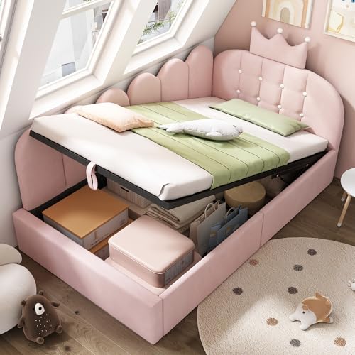Mrwoo Cama día 90x190 cm con Almacenamiento Hidráulico, Sofá Cama con Diseño de Corona y Rejilla, Cama Infantil, Terciopelo, Rosa(Sin Colchón)