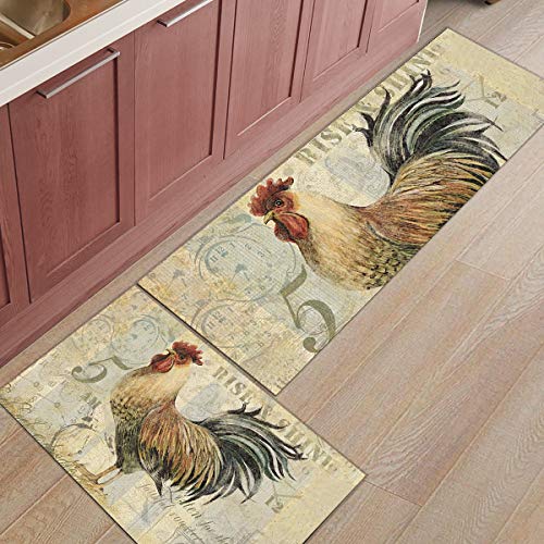 Kitchen Rugs Sets 2 Piece Floor Mats Vintage Rooster Morning Cock Durable Doormat Non-Slip Rubber Backing Area Rugs Washable Carpet Inside Door Mat Pad Sets-15.7" X 23.6"+15.7" X 47.2" #TOP2
