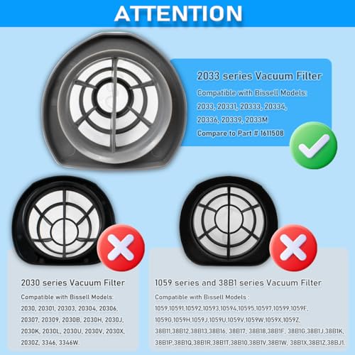 2033 Vacuum Filters for Bissell 2033, 20331, 20333, 20334, 20336, 20339, 2033M Featherweight Stick Lightweight Bagless Vacuum Cleaner, Part # 1611508, 4 Pack