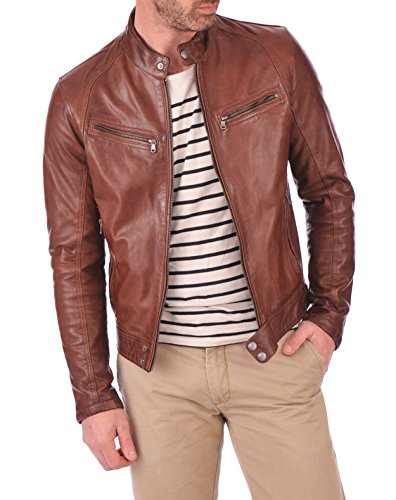 Image of D DOLLY LAMB Men's Lambskin Leather Bomber Biker Jacket - Winter Wear - Round Collar