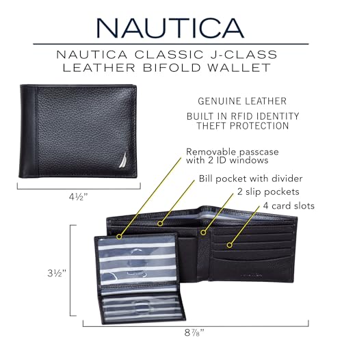 Image of Nautica Men's Bifold Leather Wallet | RFID Blocking | ID Window | Card Slots | Organization | Durable | Stylish
