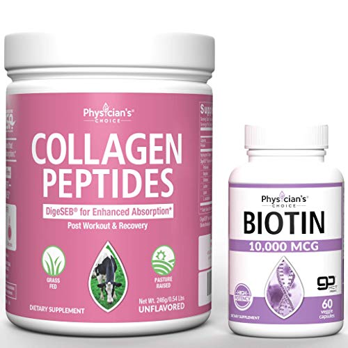 Collagen Peptides Powder - Enhanced Absorption + Biotin 10000mcg with Coconut Oil for Hair Growth