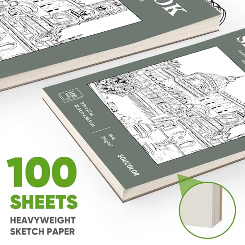 Image of Soucolor Sketch Book 9x12, Drawing Paper Pad 68lb /100gsm Acid-Free | 100 Sheets,Top Spiral Sketchbook for Kids Adults, Art Supplies Sketch Pad for Drawing Illustration College Essentials