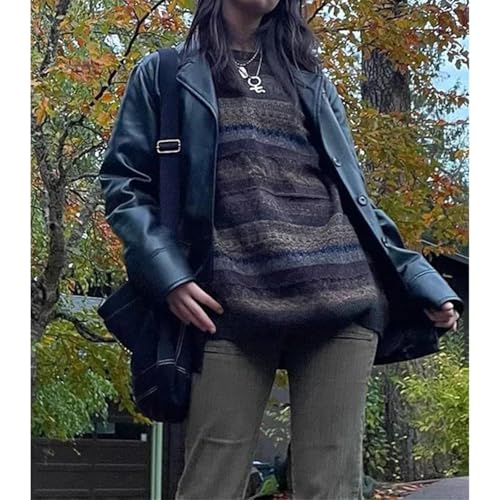 Image of Women Vintage Striped Pullover Sweater Y2k Long Sleeve Crew Neck Loose Knit Sweaters Fall Winter Knitwear