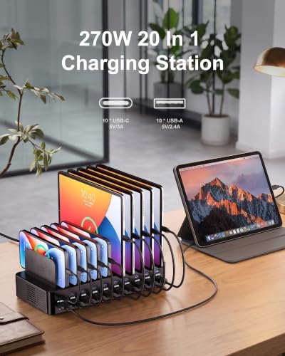 20-Port 270W Charging Station for Multiple Devices with 10 Charging Cables - 1