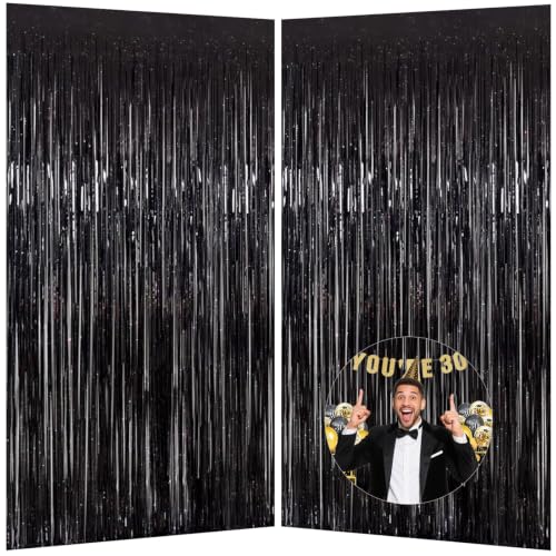 Image of Black Tinsel Foil Fringe Backdrop Curtains for Halloween Party Decorations