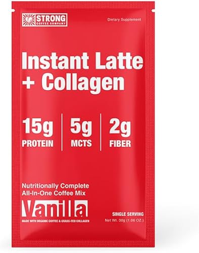 Miniatura 2 de Strong Coffee Co. Vanilla Instant Latte Travel Pack  Café orgánico con 0.55 oz de proteína de colágeno  Melena de león y L-teanina  Café instantáneo