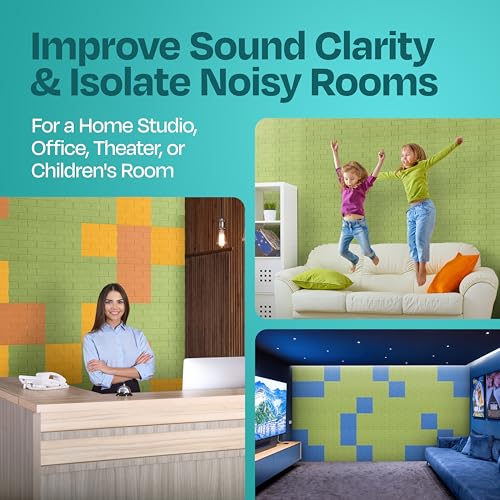 Image of Acoustic Wall Panels 18-Pack, 12 inchx12 inchx0.4 inch Decorative Self-Adhesive Sound Proofing | High Density 3D Brick Soundproof Absorbing Tiles for Walls, Home, Office & Studio - Gin Green