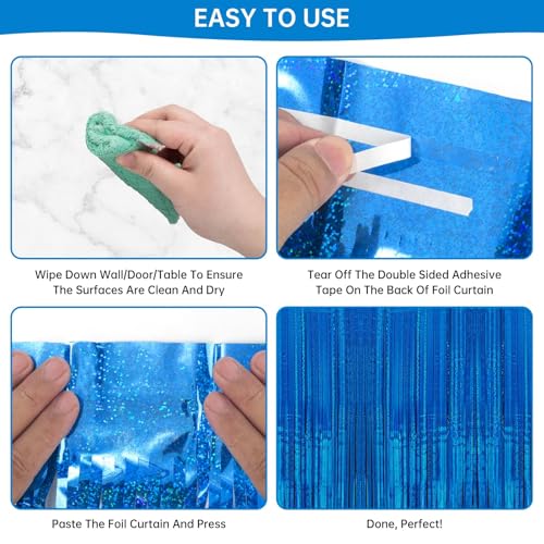 Image of 2 Pack 3.3 x 8.2 ft Tinsel Foil Fringe Curtain Backdrop, Upgraded Blue Glitter Metallic Streamers Backdrop Curtains for Birthday Parties, Baby Shower, Under the sea, Ocean Mermaid Party Decorations