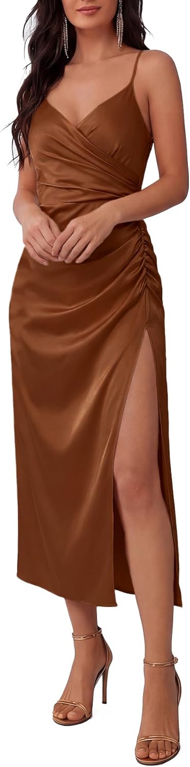Women's Satin Wrap V Neck Spaghetti Straps Ruched Split Slit Midi Cocktail Dress