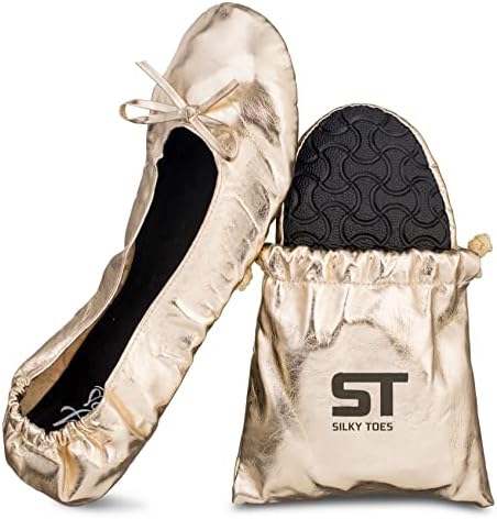 Silky Toes Women's Foldable Portable Travel Ballet Flat Roll Up Slipper Shoes with Matching Carrying Pouch (Large, Gold)