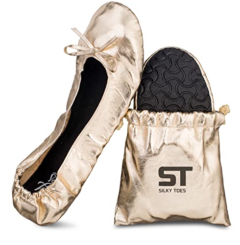Silky Toes Women's Foldable Portable Travel Ballet Flat Roll Up Slipper Shoes With Matching Carrying Pouch (Large, Gold) #TOP16