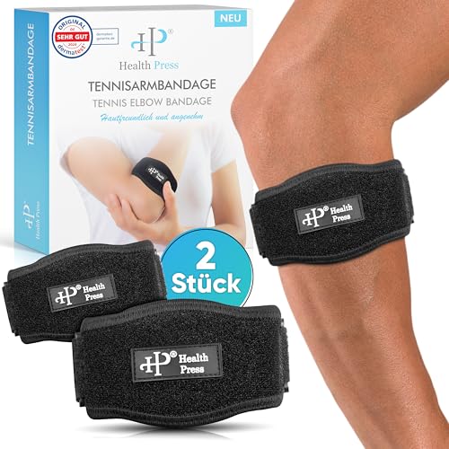 Health Press® Braccialetti da tennis – 2 fasce per gomito – Tutore per gomito per sollievo mirato dei tendini sul gomito – Braccio da tennis e fascia da golf – Fascia regolabile