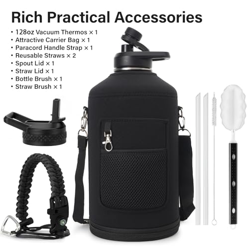 1 Gallon Water Bottle Insulated | Thickened Stainless Steel Vacuum Metal Water Jug | Portable Sports Large for Gym and Hiking with Straw, Carrier Bag, Handle Strap | BPA-Free 128 oz