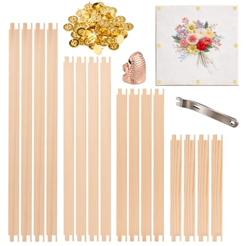 Yhizeva 8 Pair (16 pcs) Needlepoint Stretcher Bars Set Wooden Stretcher Bars for Needlework 4 Sizes (8 12 14 16 Inch) 60 Thumb Tacks Tack Remover & Metal Thimble