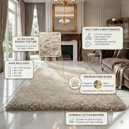 Image of Luxury Shaggy Area Rug, Ultra Soft 1.5 Inch High-Pile Plush Carpet for Bedroom, Fluffy Non-Slip Room Decor, Large Shag Rug for Nursery & Living Room(3x5 Feet, ivory90)