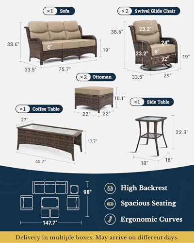HILLGA Luxury Patio Furniture Set with 6-inch Thick Cushion, Outdoor Couch and High Back Swivel Rocker Patio Chairs, 7PCS Wicker Conversation Set for Deck Yard and Poolside, Beige (V2)
