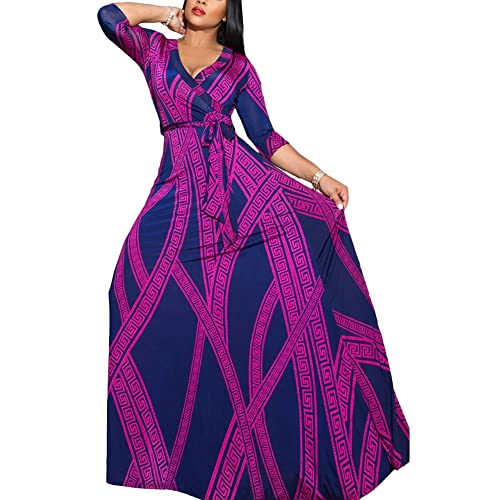Robe longue col en V imprimé floral avec ceinture pour affiner la silhouette S