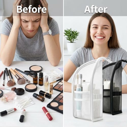 Image of Standing Toiletry Bag,Portable Foldable Hanging Travel Organizer with Zipper and Loop,Mesh Large Capacity Cosmetic Waterproof Bag for Bathroom,Suitcase Packing,Toiletries,Makeup,Skincare (1PC,Black)