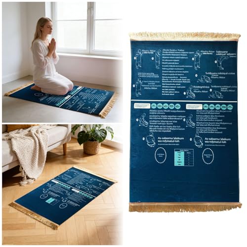 Tapis de Prière Musulman Guidé Interactif, Tapis de Prière Enfant et Adulte Débutant pour Apprendre la Salah Étape par Étape, Pliable et Antidérapant, Idée Cadeau Reconverti Musulman (Blue)