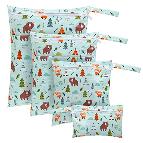 4 Piezas Bolsa Mojada, Bolsas de Pañales de Tela Bolsa Organizadora Impermeable Bolsa de Almacenamiento Lavable Bolsas de Pañales de Tela Seca y Húmeda para Viajes Bolsa de Gimnasio bear foxes