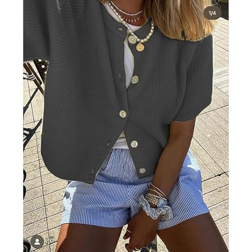 Image of Women Y2k Knitted Crop Cardigan Shirt Short Sleeve Button Down Ribbed Knit Crop Top Outwear Top Tee Shirt