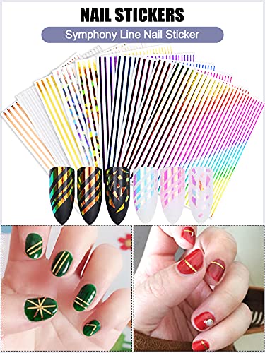 Ebanku 17 Sheets Strip Line Nails Stickers, 3D Fluorescent Laser Gold Adhesive Striping Tape Nail Decals For Women Girls Nail Art Design Deacoration #TOP2
