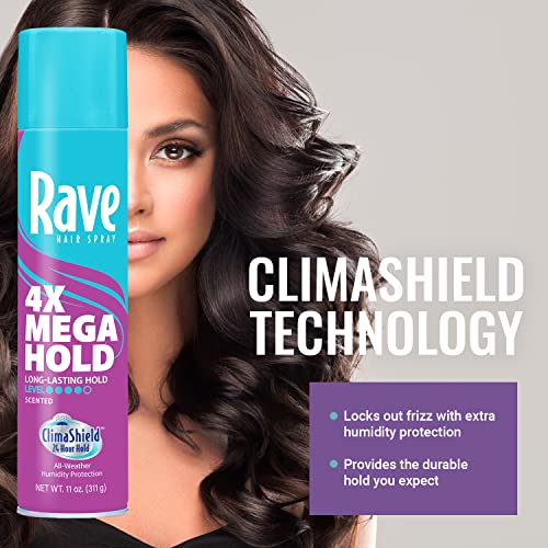 Image of Rave 4X Mega Long-Lasting Firm Hold Scented Hair Spray for Heat Protection, Volume and Shine - ClimaShield for Extra Humidity & Minimizes Frizz