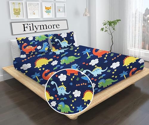 Image of Filymore Danasour Bedsheet Made with Microfiber Wrinkle Free Soft Hypoallergenic | Floral Printed Double Bed Queen /King Size for Kids (90x90 Inches /Boys Girls Room)(Blue)